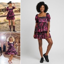 Alice + Olivia Emmalou Tiered Mini Floral Party Dress 8 M Pink Black Cotton $395