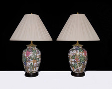Pair of Vintage Chinese Ginger Jar Lamps Hand Painted Large Porcelain Beige MCM 