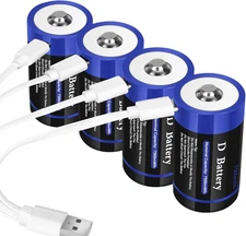 Rechargeable Lithium D Cell Batteries 7500Mwh with USB-C Charging Cable, 1.5V LR