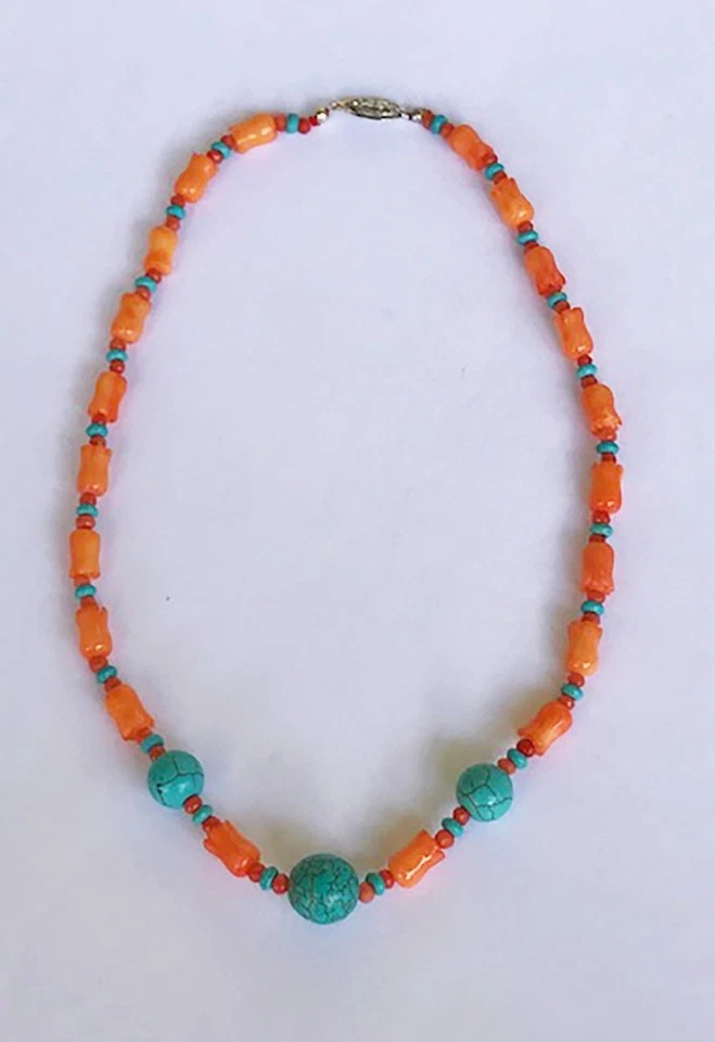 COLLAR CON CUENTAS DE PIEDRA TURQUESA Y CORAL TULIPÁN TALLADO NATURAL 925 BROCHE S Foto 4 de 4