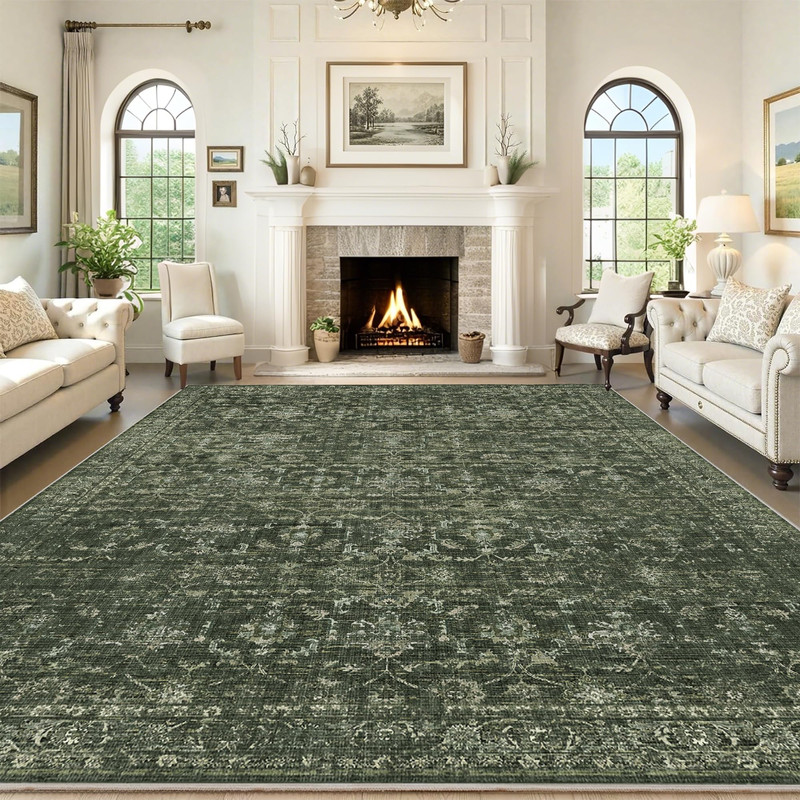 Duidy Washable Area Rug 9X12 Green Rugs For Living Room Vintage Boho Large Rug