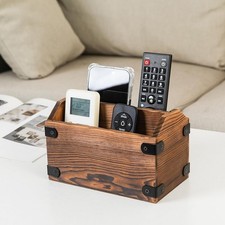 Brown Torched Wood Remote Control Organizer Burnt Wooden Tabletop