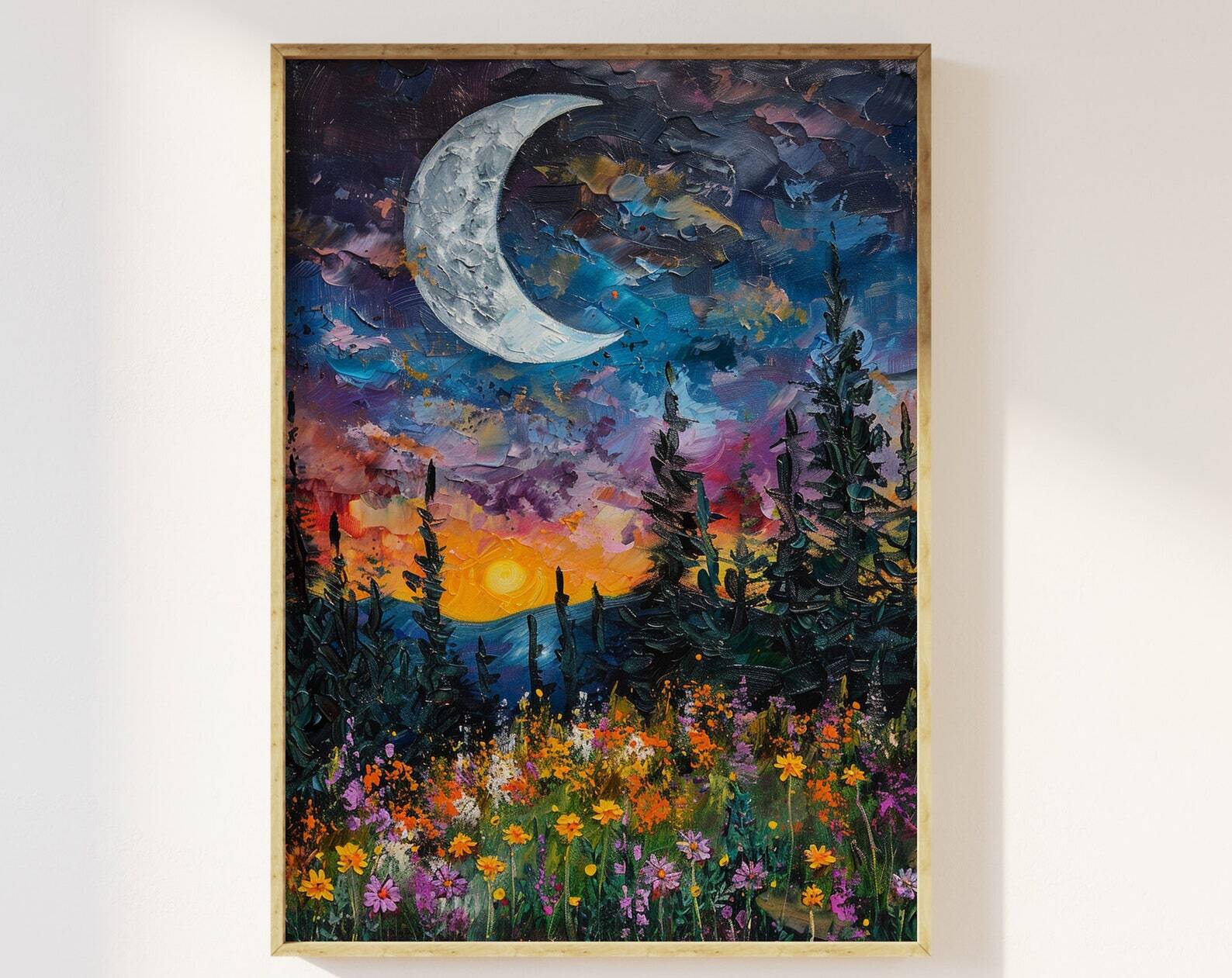 Moon Above The Pine Tree Woodland And Wildflowers Art Print Full Moon Above
