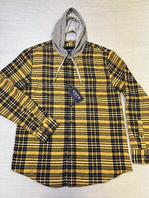VSTR Flannel Hoodie Men's LARGE Button Up Long Sleeve Shacket Cotton Blend  NWT