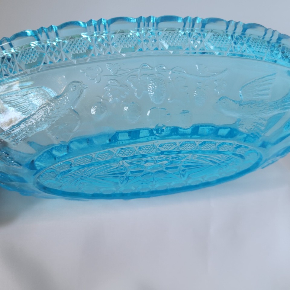 Vintage Tiara Indiana Blue Glass Doves & Berries Relish Candy Oval Bowl