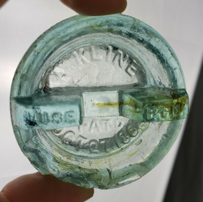 A. KLINE ''Use Pin'' Glass FRUIT CANNING JAR Lid Stopper Pat'd 1863 AMBER SWIRL 