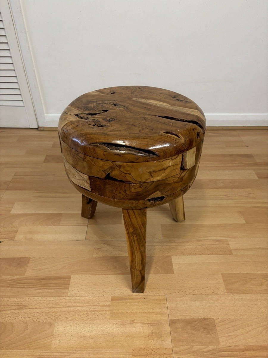 Stunning Handmade Solid Teak Wood Round Drum Stool Side Table With
