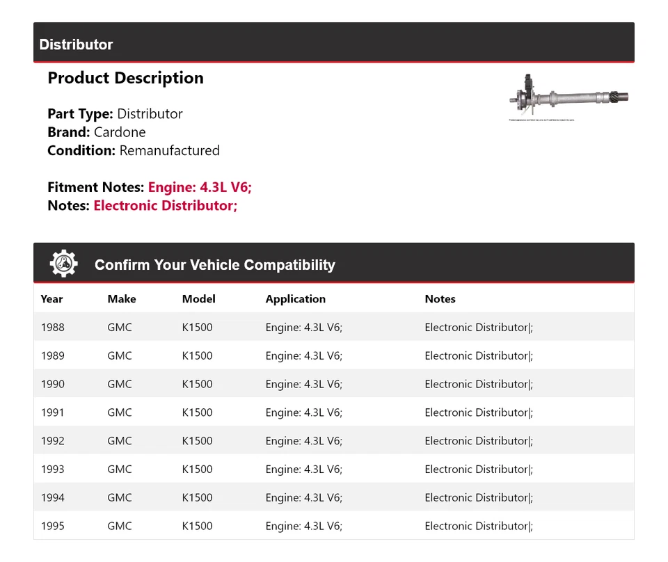 Para GMC K1500 1988-1995 4,3 L V6 Distribuidor Cardone 1989 1990 1991 1992 1993 Foto 2 de 4