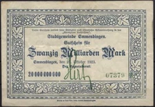 [10409] - EMERGENCY MONEY EMMENDINGEN, City, 20 MRD Mk, 27.10.1923. Basement 1348b. Gebra