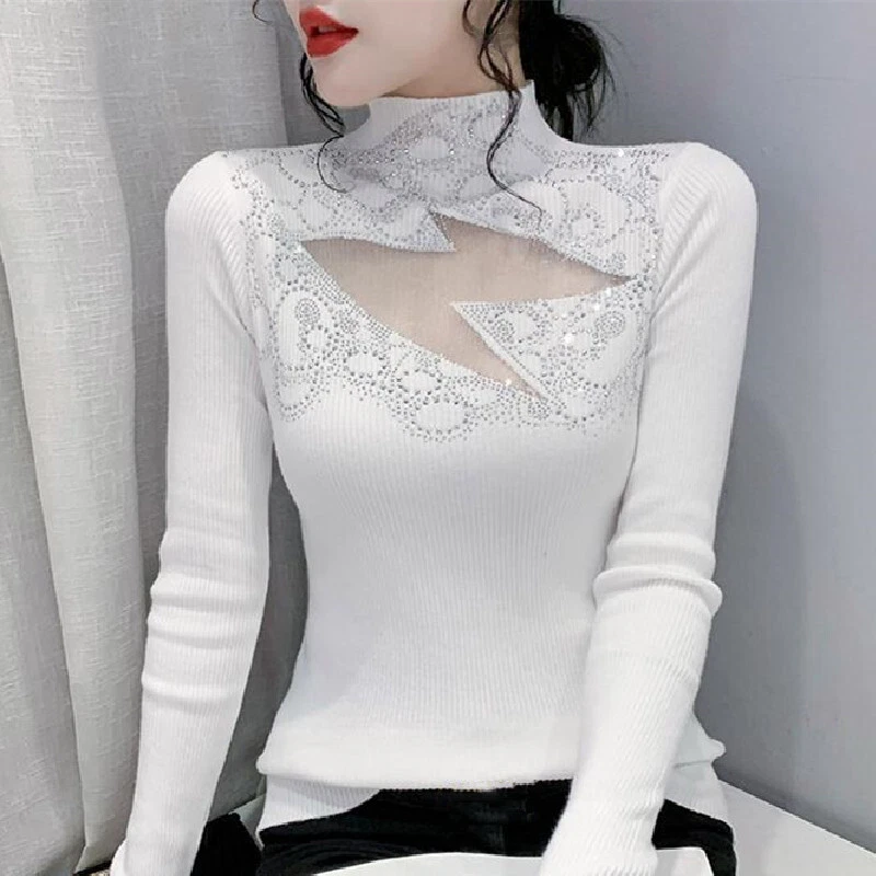 Women Glitter Rhinestones Hollow Out High Neck Long Sleeves Knitted Sweater Tops