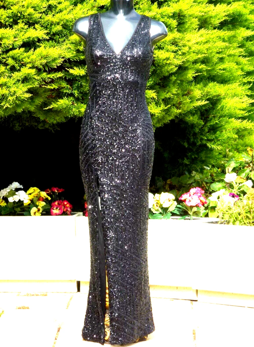 QUIZ Black Sequin Low Back Maxi Dress Size 12 Evening Cruise Ball