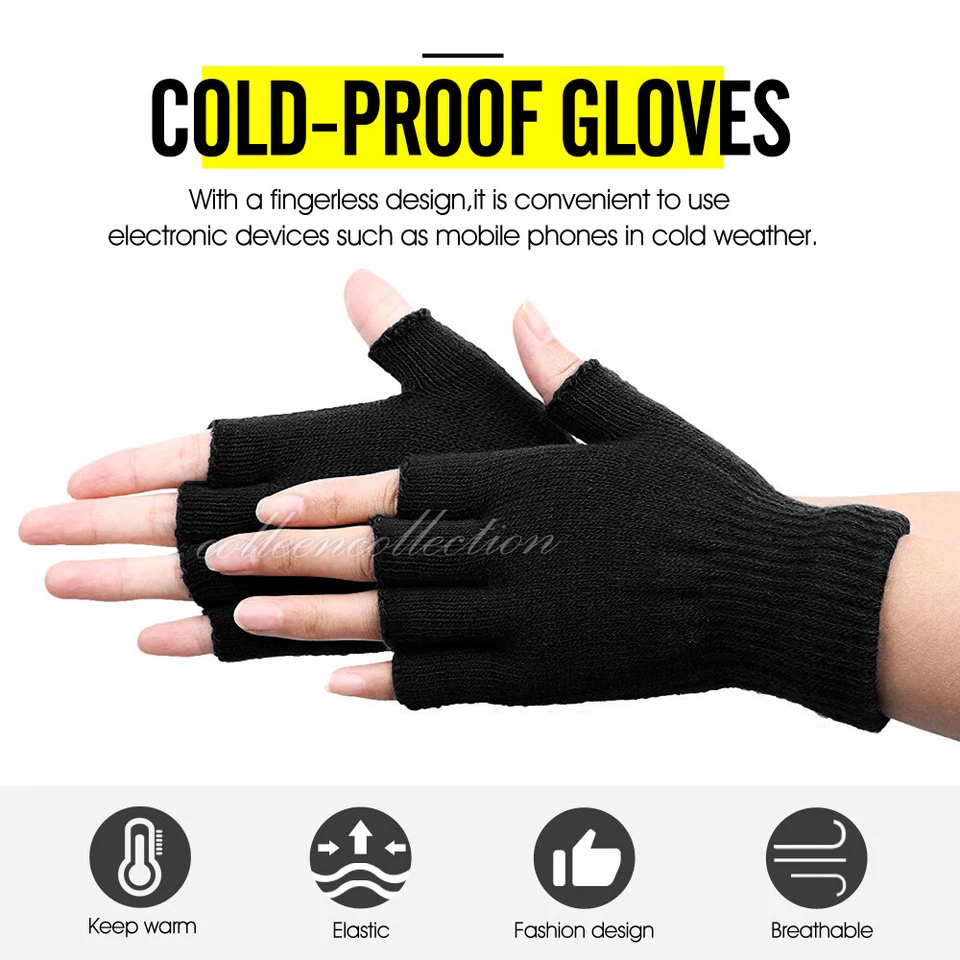 1 Pair Winter Fingerless Gloves Open Finger Black Soft Warm Knitted Glove Unisex - image 3 of 4