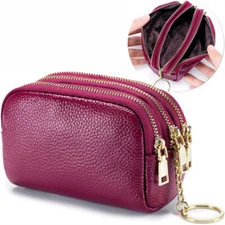 3 Zippered Genuine Leather Coin Purse Triple Capacity Change Pouch With Key Ring