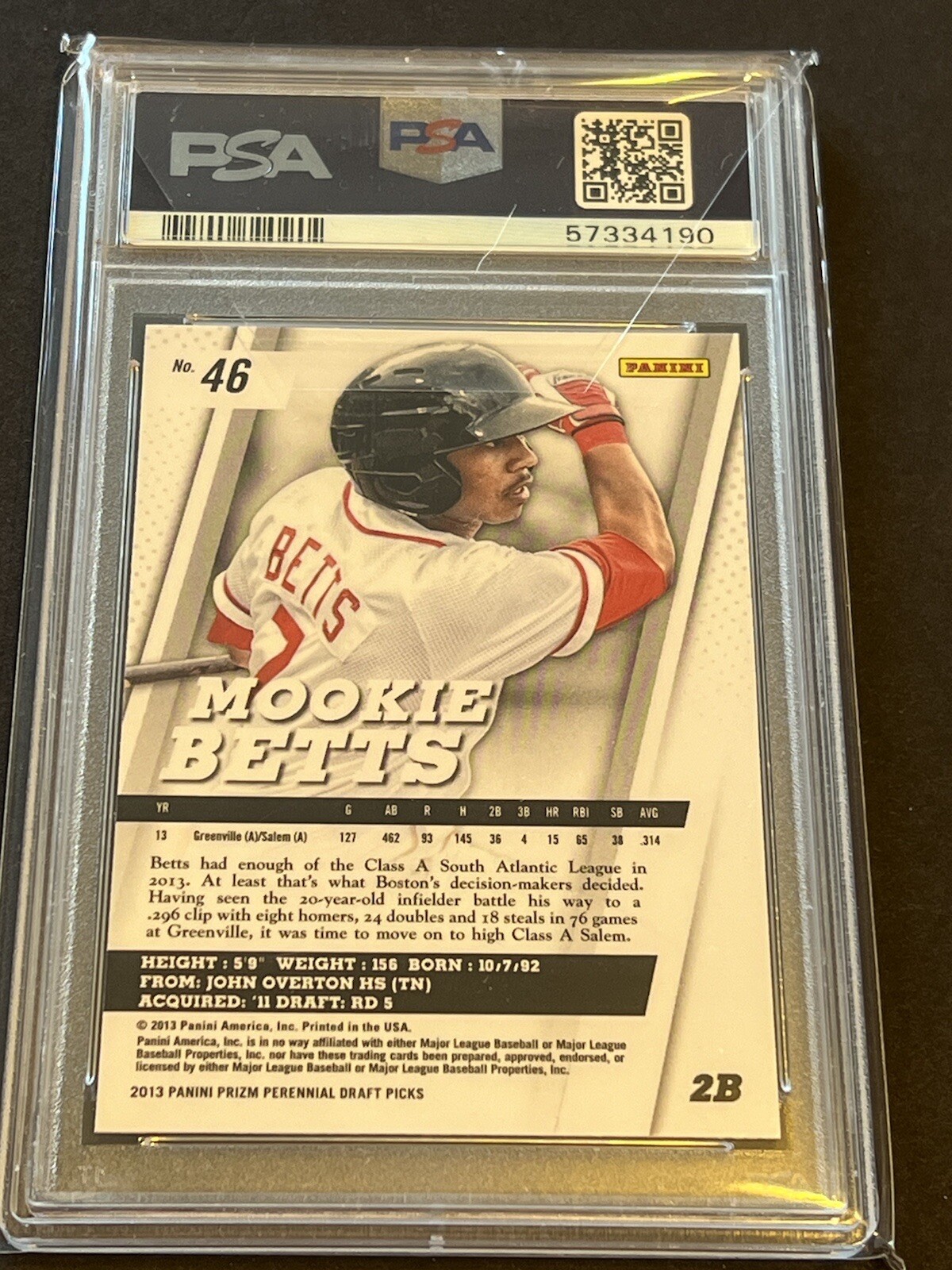 2013 PANINI PRIZM PERENNIAL DRAFT PICK MOOKIE BETTS RC #46 ROOKIE PSA 9 MINT QTY view 2
