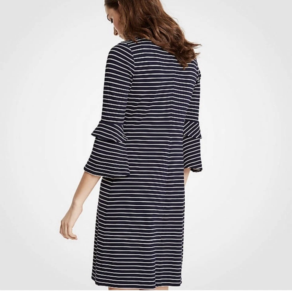 Mini Vestido Ann Taylor Manga Campana Mujer Pequeño Rayas Elastizado Tejido Negro Blanco Foto 4 de 4