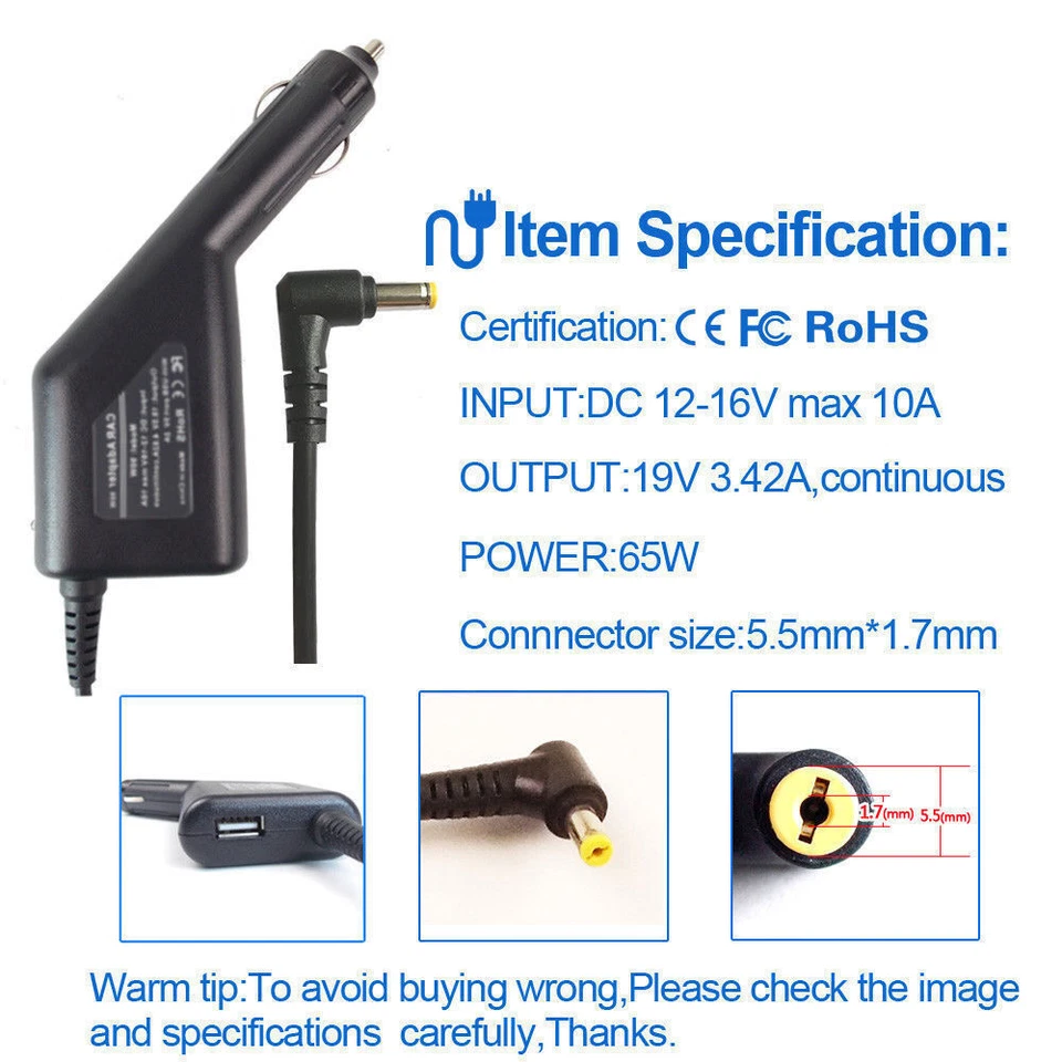 Laptop DC Adapter Car Charger & USB for Acer Extensa 5635Z-434G32N 4620-6456 - Image 2 of 4