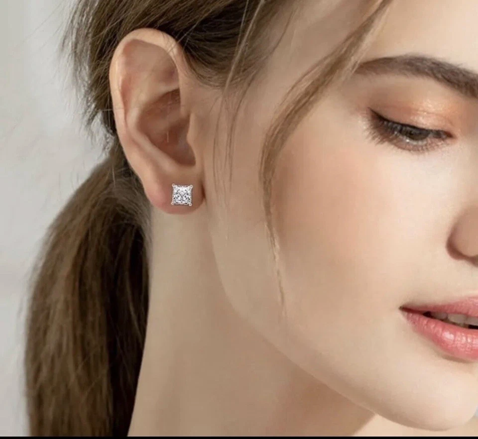 2 Ct Princess Cut VVS1/D Lab Created Stud Earrings 14k White Gold 6mm Push Back - Image 2 of 4