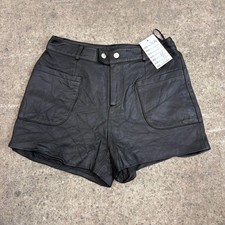 Vintage Y2K Real Leather Mini Shorts Black Moto Button High Rise