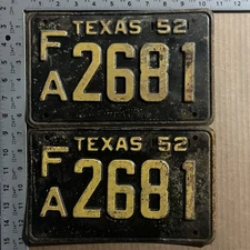 1952 Texas license plate pair FA 2681 YOM DMV Ford Chevy Dodge 22146