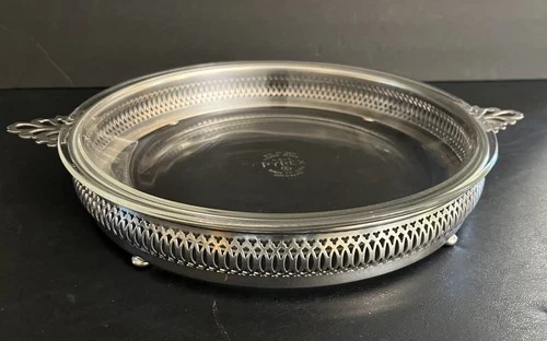 PYREX #210 Large Pie Plate 10" - w/ Silver-Plated Buffet-Footed Tray - VG+ FS