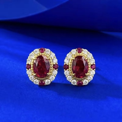 Ohrstecker 4 kt Ovalschliff roter Rubin & weißer simulierter Diamant Gold 925 Silber