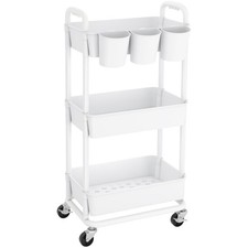 3Tier Plastic Rolling Storage Utility Cart Hanging Cups Handles Wheels White