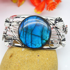 Fire Labradorite Gemstone 925 Sterling Silver Jewelry Cuff Bracelet Adjustable"