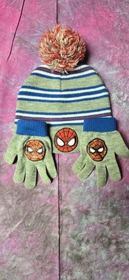 Marvel Spider-Man Kids Winter Hat & Gloves Set Gray Blue Pom Beanie One Size