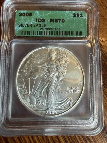 2005 American Silver Eagle $1 ICG MS70 Green Label 1 oz .999 Fine Silver Dollar.