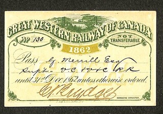 Great Western Railway of Canada Railroad Annual Pass 1862