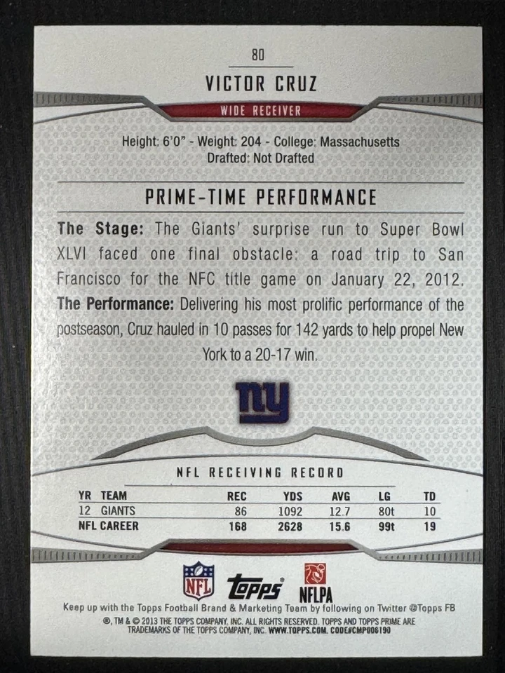 2013 Topps Prime #80 Victor Cruz New York Giants - Image 2 of 2