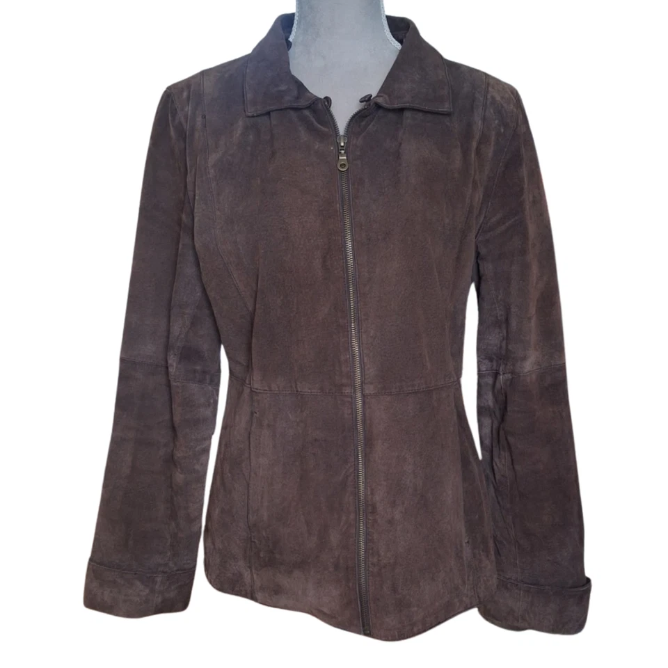 Otoño Boho Chic Chaqueta Cuello de Piel Sintética Plateado Zorro Marrón Gamuza Cuero Chaqueta Talla M Foto 2 de 4