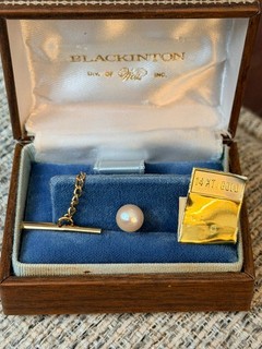 Vintage Blackinton 14K Gold Cultured Pearl Tie Tack Pin Original Box 1960s Mens