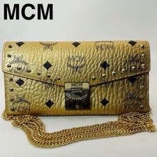 MCM Visetos Studded Chain Wallet Long Wallet Champagne Gold Crossbody Style
