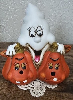Vintage Ceramic Halloween Ghost Pumpkins Figurine Anthropomorphic