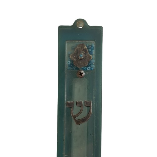 Vintage Mezuzah Case Scroll Holder Judaism Israel Blue Hamsa Hand Beads 5.5”