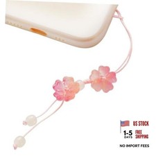 Handmade Cute Cherry Blossom Beads Phone Lanyard, Kawaii Braided Flower Pink
