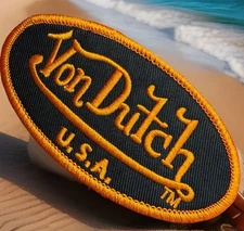 🔥VINTAGE STYLE VON DUTCH IRON-ON PATCH EMBROIDERED ~ Black & Orange USA RARE!