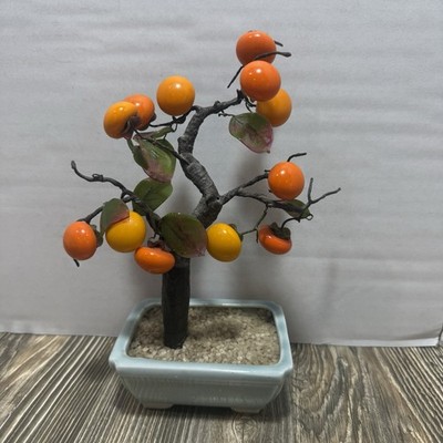 Vintage Japanese Bonsai Tree Lucky Glass Persimmon Fruit With Jade Leaves 8''