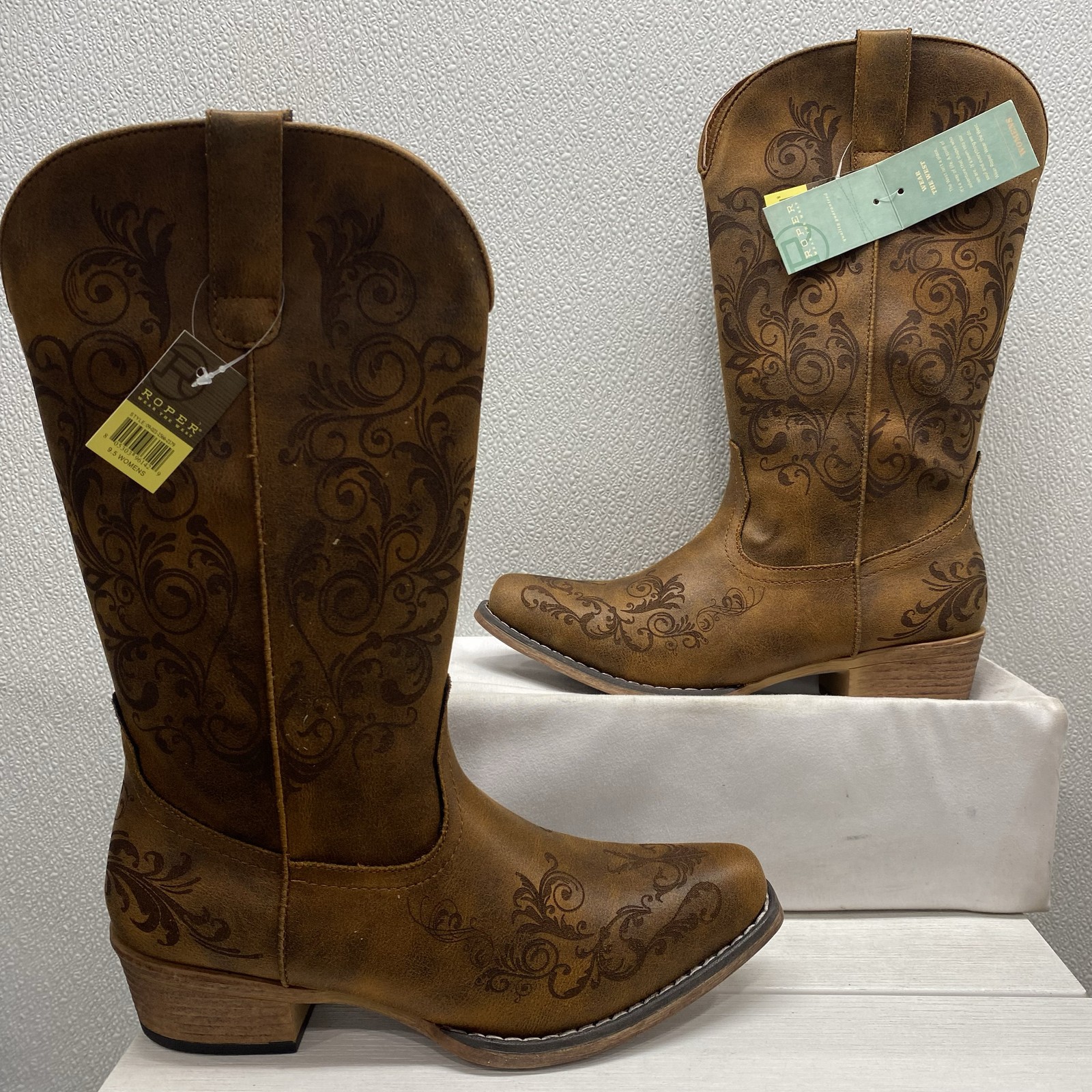 Roper Womens Size 9.5 Tall Stuff Western Boots Brown Embroidered Snip Toe