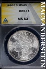 1880-S Morgan Dollar- ANACS MS 63- Lustrous- No Reserve #SLA862