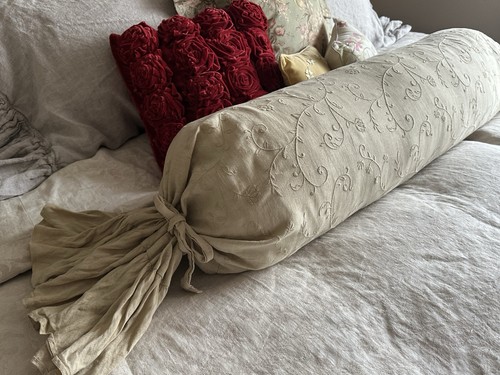 Beautiful Bella Notte Down Bolster Linen Embroidered Sham 7” Ruffle
