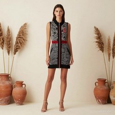 Boho Mini Dress Multi Floral Jersey Shift High Neck Sleeveless Pockets M
