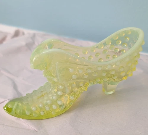 Vintage Fenton Hobnail Cat Head Slipper Topaz Opalescent Vaseline Glows