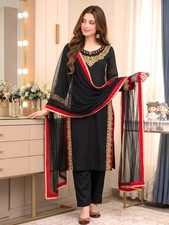 Indian Pakistani Black Chanderi Kurta Pant Dupatta Set Women Embroidered Party