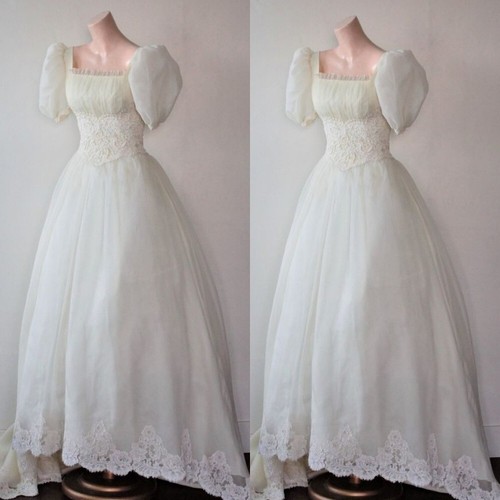 Vintage Wedding Dresses Puff Sleeves Lace Appliques Square Neck Bridal Gowns - Picture 1 of 10