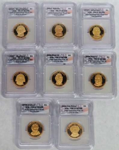 2007 / 2008 (8) COIN PROOF PRESIDENTIAL $1 DOLLAR COINS SET ICG PR 70 DCAM - Picture 1 of 2