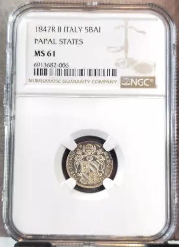 1847 ITALY SILVER 5 BAIOCCHI PAPAL STATES NGC MS 61 RARE MINT STATE