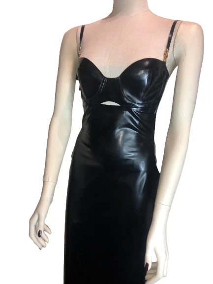 VERSACE Black Latex Zipped Dress with Medusa G Logo on Straps size 40 ITA