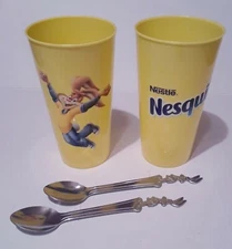 Limited Edition 2 Nestlé Nesquik Yellow Tumbler Cups + 2 Stainless Steel Spoons
